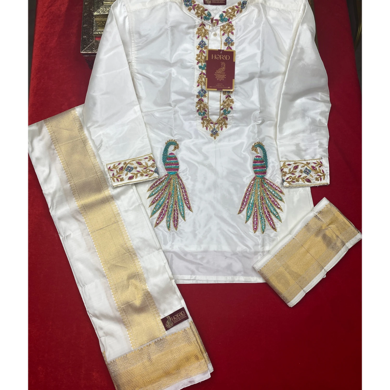 Horad Pure Silk Blend Cream Wedding Set Aari Work Short Kurta + Dhoti + Angavastram
