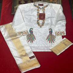 Horad Pure Silk Blend Cream Wedding Set Kids Aari Work Short Kurta + Welcro Dhoti + Border  Angavastram