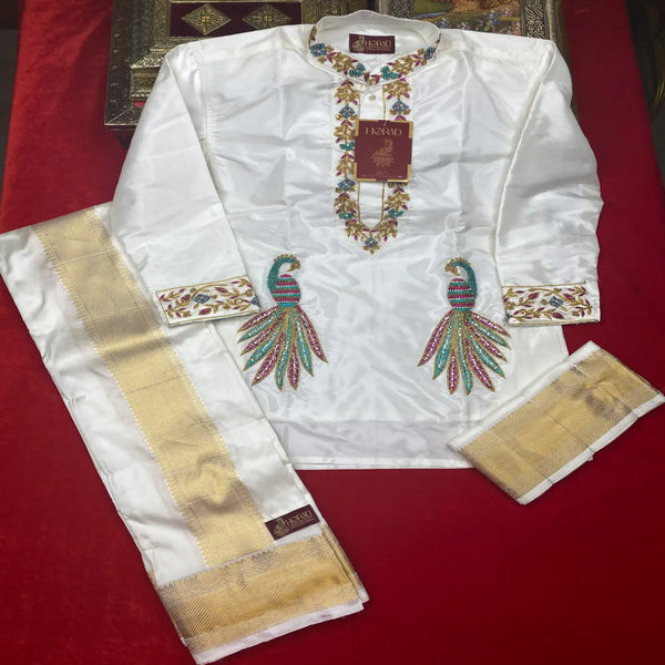 Horad Pure Silk Blend Cream Wedding Set Aari Work Short Kurta + Dhoti + Angavastram