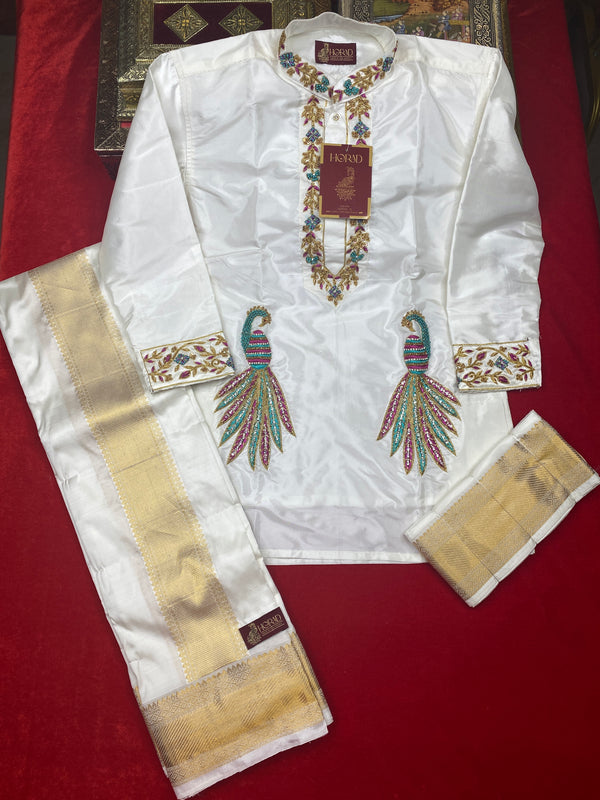Horad Pure Silk Blend Cream Wedding Set Kids Aari Work Short Kurta + Welcro Dhoti + Border  Angavastram