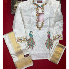Horad Pure Silk Blend Cream Wedding Set Aari Work Short Kurta + Dhoti + Angavastram
