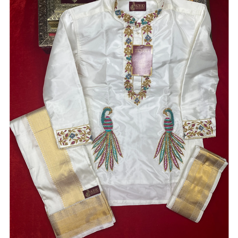 Horad Pure Silk Blend Cream Wedding Set Aari Work Short Kurta + Dhoti + Angavastram