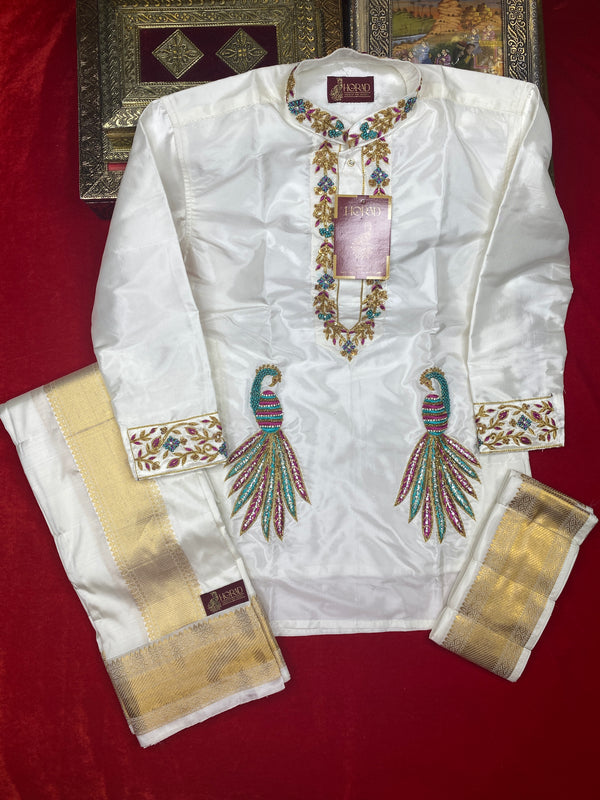 Horad Pure Silk Blend Cream Wedding Set Kids Aari Work Short Kurta + Welcro Dhoti + Border  Angavastram