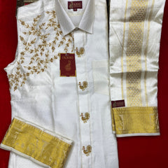 Horad Premium Art Silk Cream Emboss Elephant Border Fullsleeve shirt +Dhoti + Angavastram