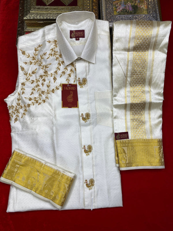 Horad Premium Art Silk Cream Emboss Elephant Border Fullsleeve shirt +Dhoti + Angavastram