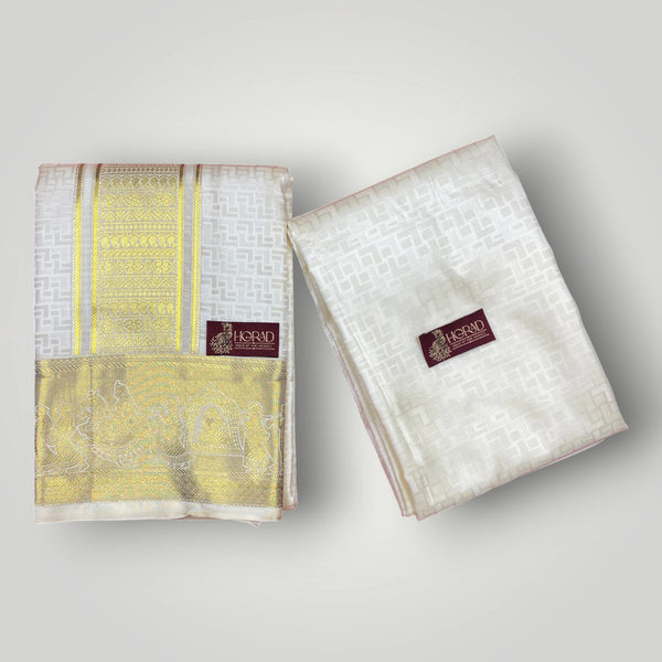 Horad Premium Art Silk Cream Emboss Shirt Material+Dhoti ( 2 in 1)