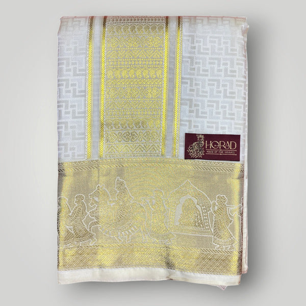 Horad Premium Art Silk Cream Emboss Shirt Material+Dhoti ( 2 in 1)