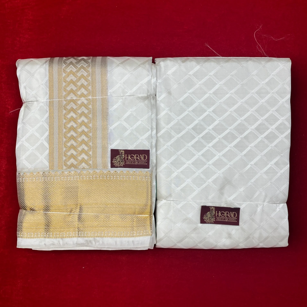 Horad Pure Silk Blend Cream Emboss Border Shirt Material + Dhoti ( 2 in 1 )