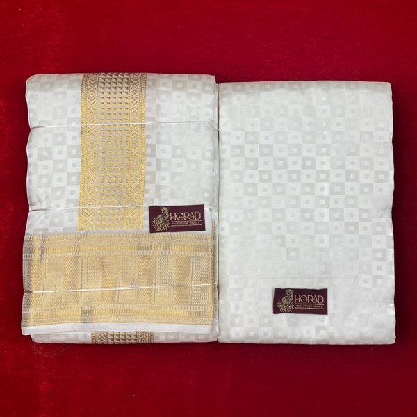 Horad Pure Silk Blend Cream Emboss Border Shirt Material + Dhoti ( 2 in 1 )