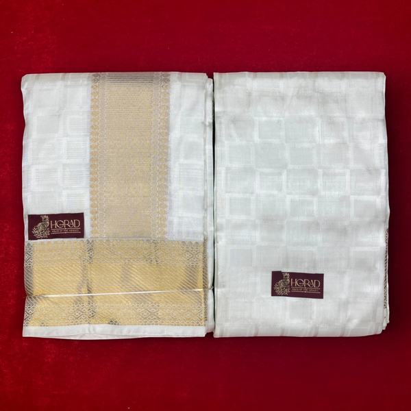 Horad Pure Silk Blend Cream Emboss Border Shirt Material + Dhoti ( 2 in 1 )
