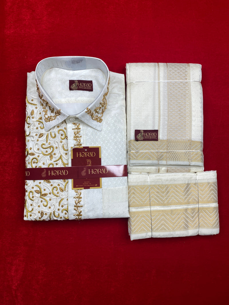 Horad Premium Art Silk Cream Emboss Antique Zari  Fullsleeve shirt +Dhoti + Angavastram