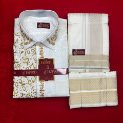 Horad Premium Art Silk Cream Emboss Antique Zari  Fullsleeve shirt +Dhoti + Angavastram