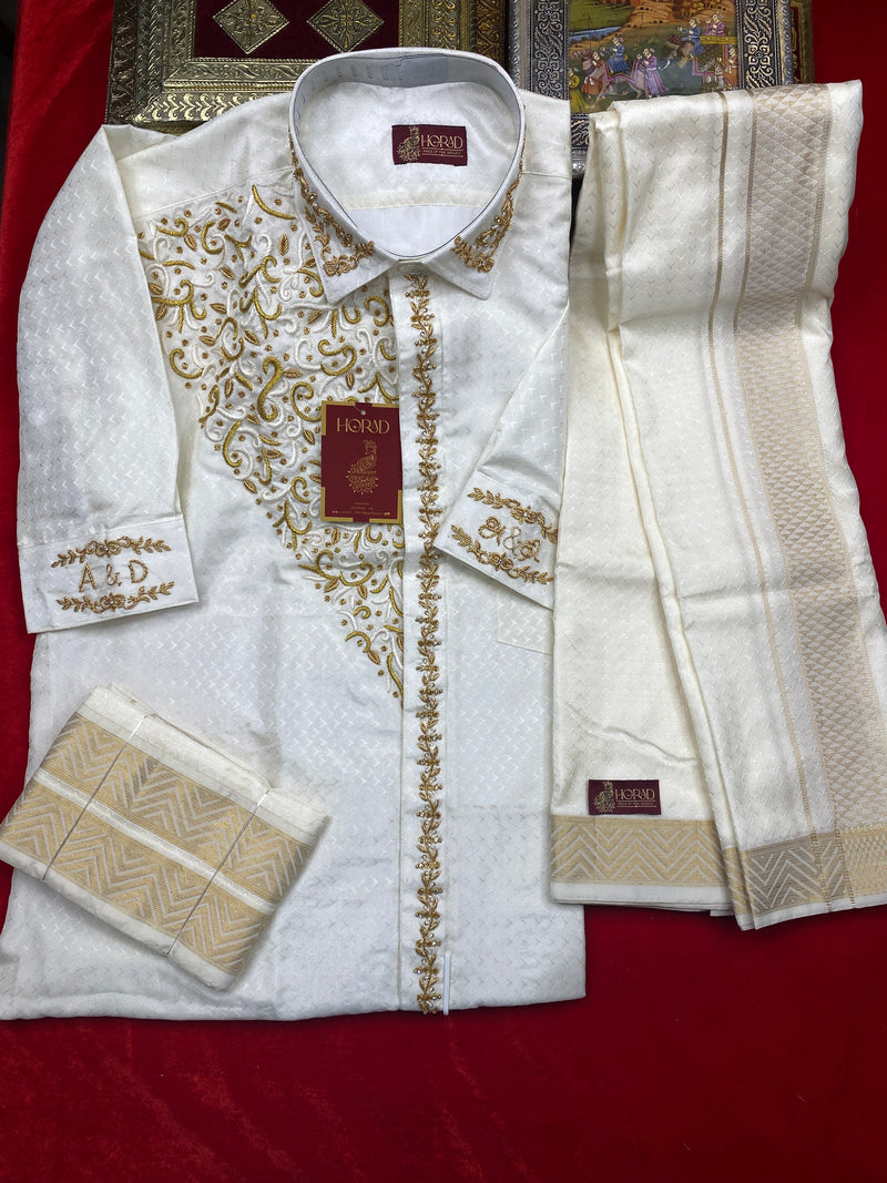 Horad Premium Art Silk Cream Emboss Antique Zari  Fullsleeve shirt +Dhoti + Angavastram