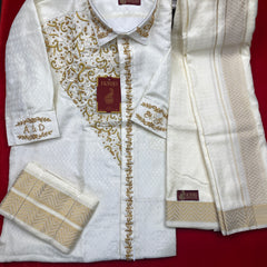 Horad Premium Art Silk Cream Emboss Antique Zari  Fullsleeve shirt +Dhoti + Angavastram