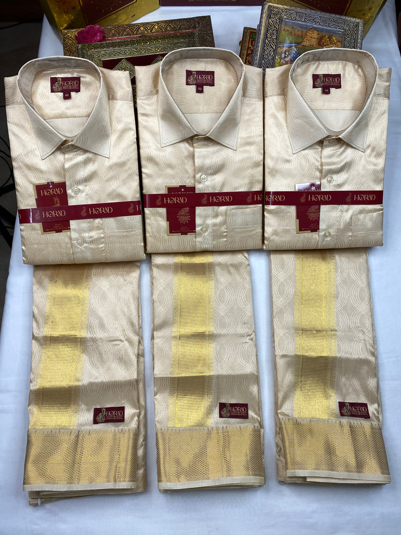 Horad Pure Silk Blend Gold Emboss 3 Inch Wedding set Fullsleeve + Dhoti