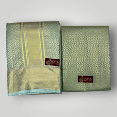 Horad Premium Art Silk Tissue Double Warp Pista Green Emboss Shirt Material + Dhoti (2 in 1)