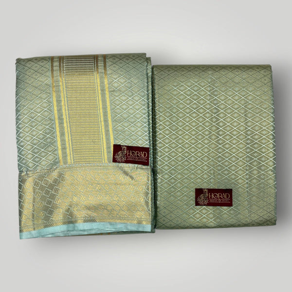 Horad Premium Art Silk Tissue Double Warp Pista Green Emboss Shirt Material + Dhoti (2 in 1)