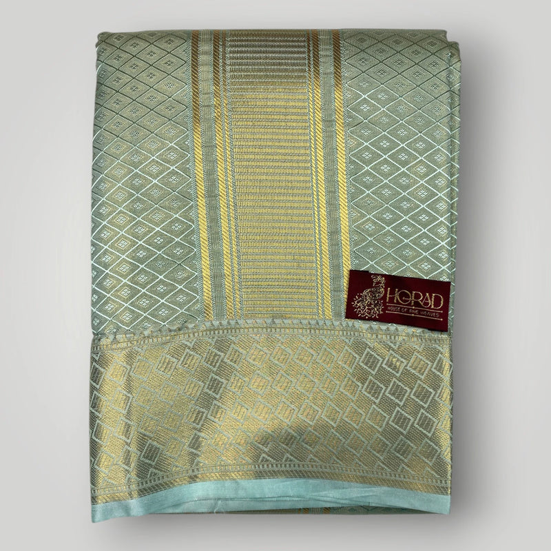 Horad Premium Art Silk Tissue Double Warp Pista Green Emboss Shirt Material + Dhoti (2 in 1)