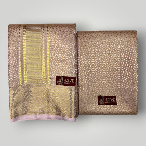 Horad Premium Art Silk Tissue Double Warp Rose Gold Emboss Shirt Material + Dhoti (2 in 1)