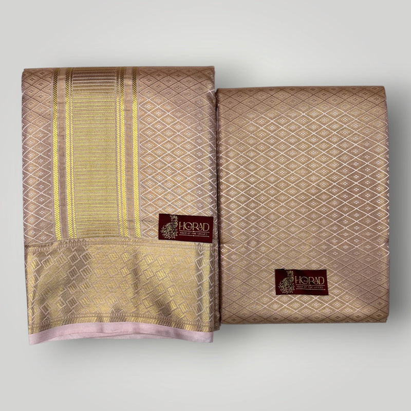 Horad Premium Art Silk Tissue Double Warp Rose Gold Emboss Shirt Material + Dhoti (2 in 1)