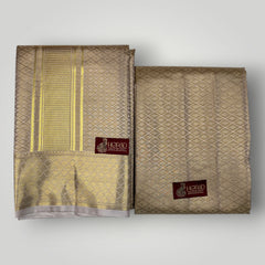 Horad Premium Art Silk Tissue Double Warp Light Gold Emboss Shirt Material + Dhoti (2 in 1)