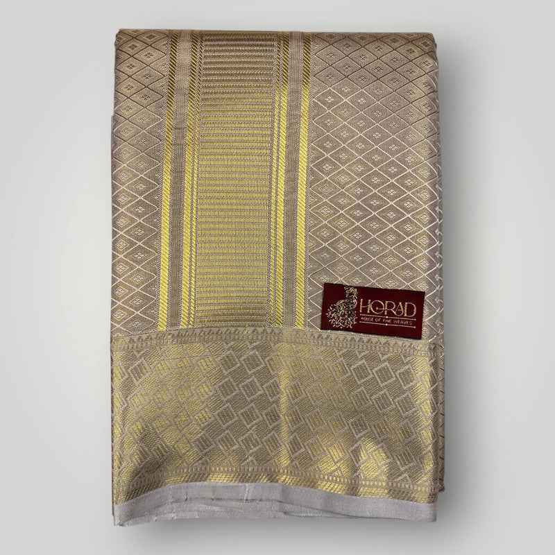 Horad Premium Art Silk Tissue Double Warp Light Gold Emboss Shirt Material + Dhoti (2 in 1)