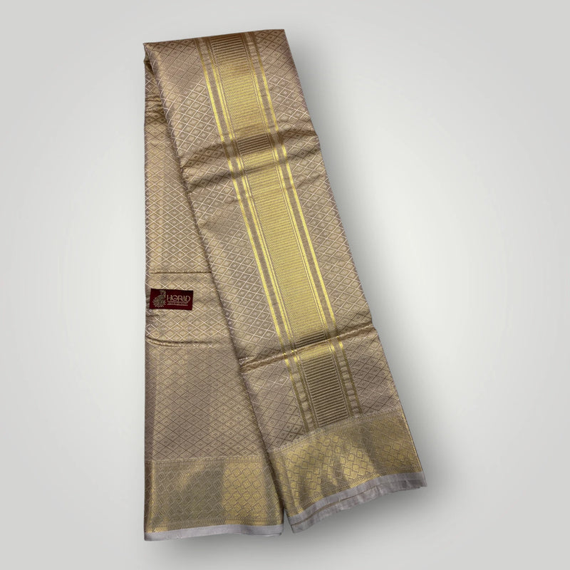 Horad Premium Art Silk Tissue Double Warp Light Gold Emboss Shirt Material + Dhoti (2 in 1)