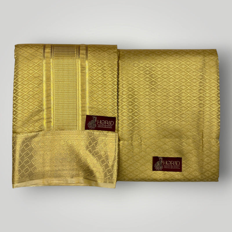 Horad Premium Art Silk Tissue Double Warp Dark Gold Emboss Shirt Material + Dhoti (2 in 1)