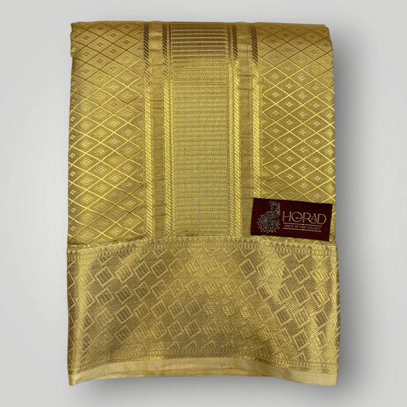 Horad Premium Art Silk Tissue Double Warp Dark Gold Emboss Shirt Material + Dhoti (2 in 1)