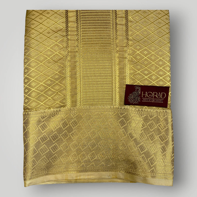 Horad Premium Art Silk Tissue Double Warp Dark Gold Emboss Shirt Material + Dhoti (2 in 1)
