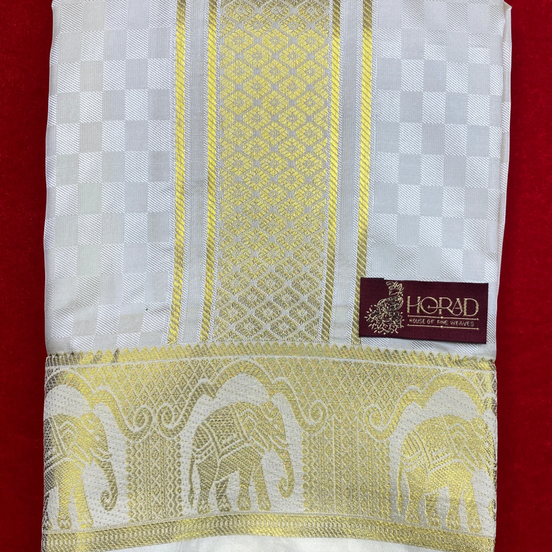 Horad Premium Art Silk Cream Emboss Shirt Material+Dhoti ( 2 in 1)