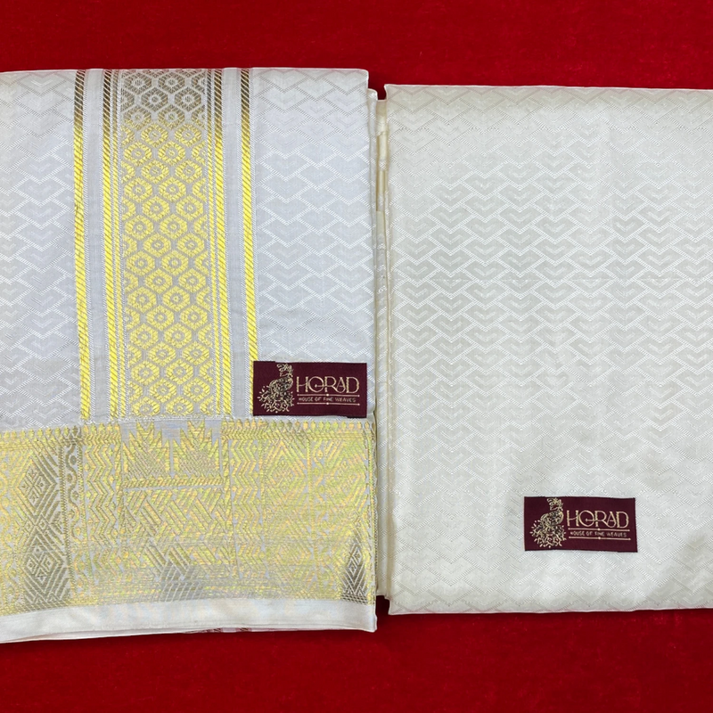 Horad Premium Art Silk Cream Emboss Shirt Material+Dhoti ( 2 in 1)