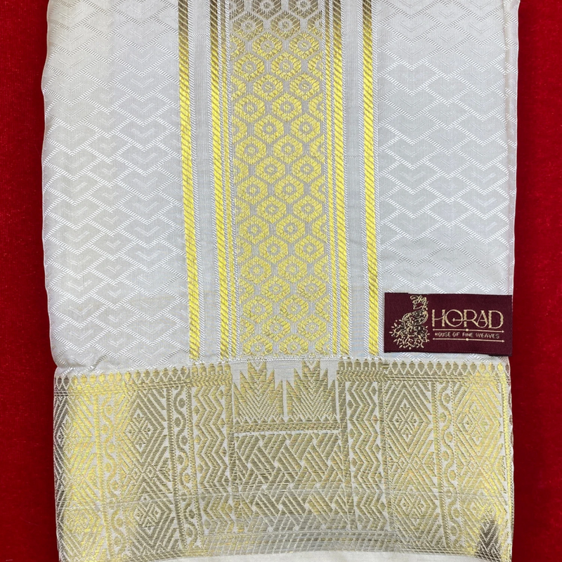 Horad Premium Art Silk Cream Emboss Shirt Material+Dhoti ( 2 in 1)
