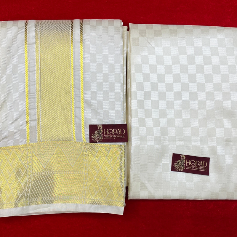 Horad Premium Art Silk Cream Emboss Shirt Material+Dhoti ( 2 in 1)