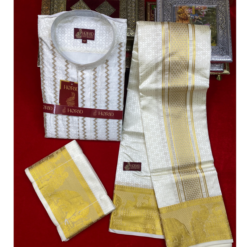 Horad Premium Art Silk Cream Emboss Elephant Border Long Kurta + Kache Panche + Angavastram