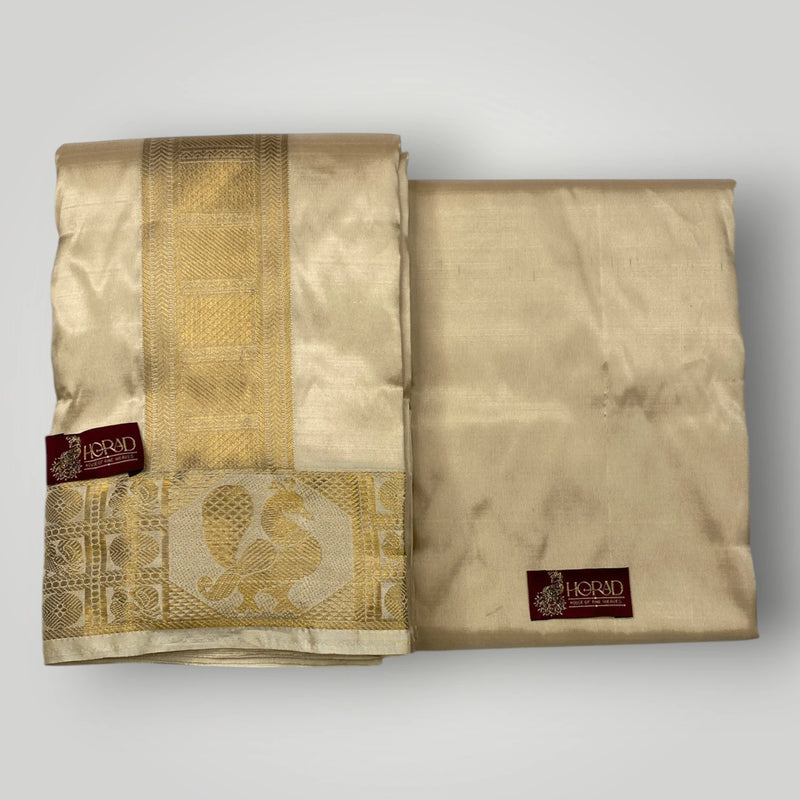 Horad Pure Silk Blend Gold Peacock Border Shirt Material + Dhoti ( 2 in 1 )