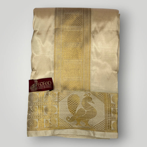 Horad Pure Silk Blend Gold Peacock Border Shirt Material + Dhoti ( 2 in 1 )