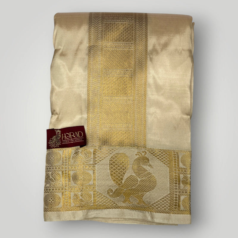 Horad Pure Silk Blend Gold Peacock Border Shirt Material + Dhoti ( 2 in 1 )