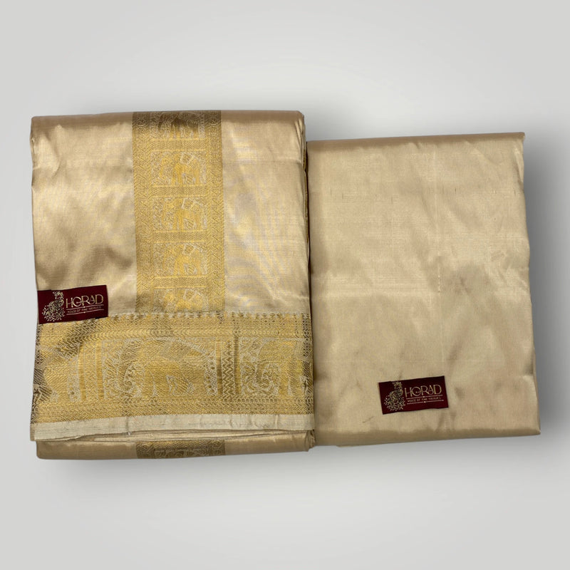 Horad Pure Silk Blend Gold Elephant Border Shirt Material + Dhoti ( 2 in 1 )