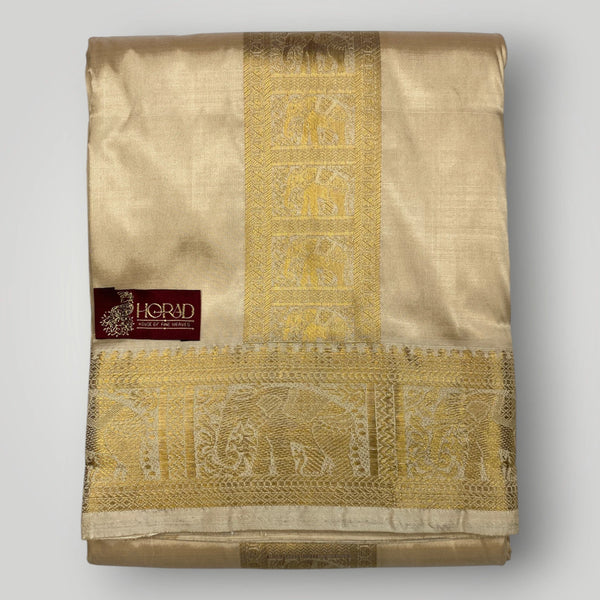 Horad Pure Silk Blend Gold Elephant Border Shirt Material + Dhoti ( 2 in 1 )