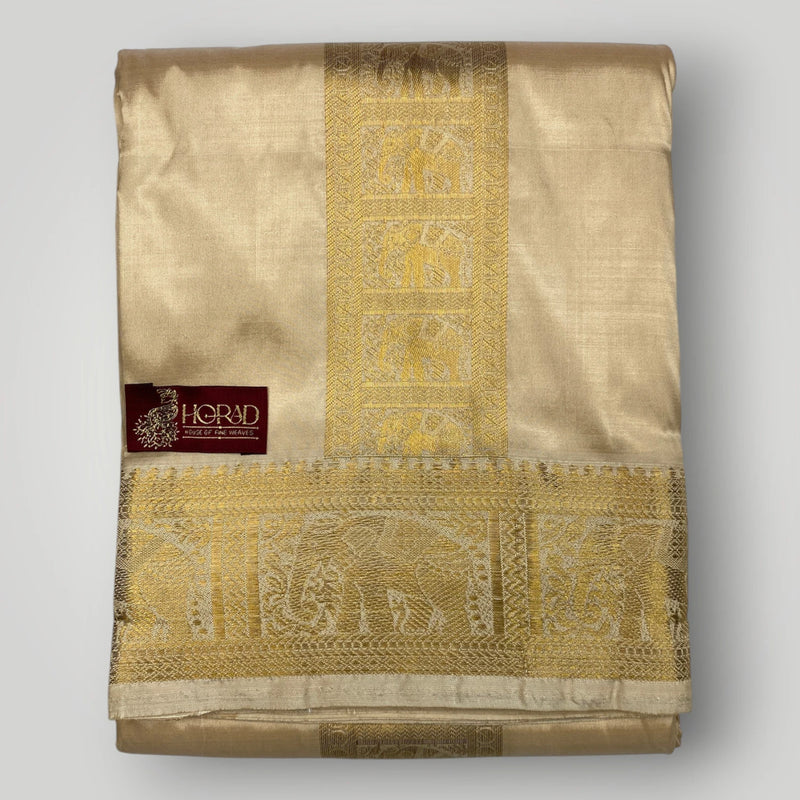 Horad Pure Silk Blend Gold Elephant Border Shirt Material + Dhoti ( 2 in 1 )
