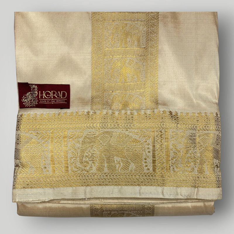 Horad Pure Silk Blend Gold Elephant Border Shirt Material + Dhoti ( 2 in 1 )