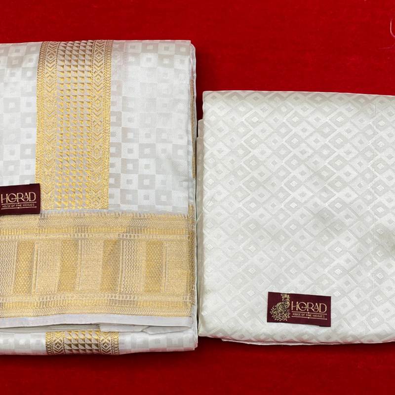 Horad Pure Silk Blend Cream Emboss Border Shirt Material + Dhoti ( 2 in 1 )