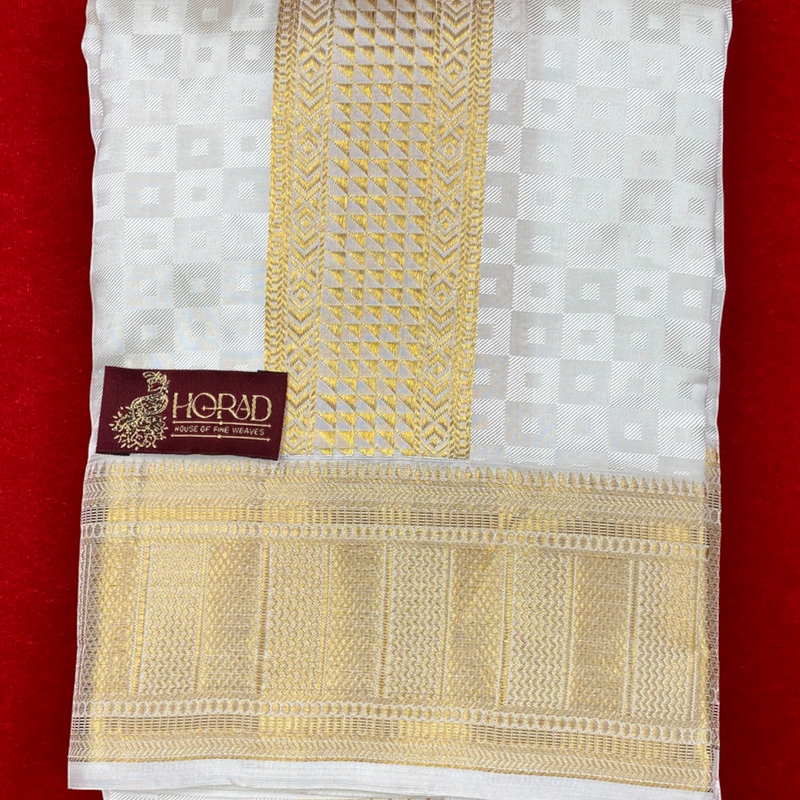 Horad Pure Silk Blend Cream Emboss Border Shirt Material + Dhoti ( 2 in 1 )