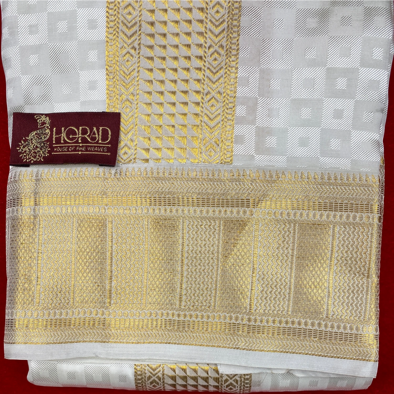 Horad Pure Silk Blend Cream Emboss Border Shirt Material + Dhoti ( 2 in 1 )