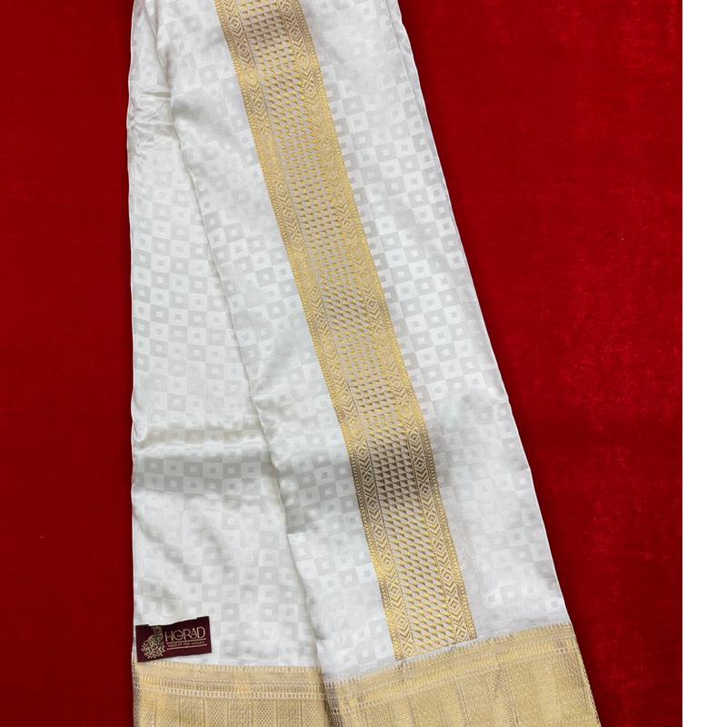 Horad Pure Silk Blend Cream Emboss Border Shirt Material + Dhoti ( 2 in 1 )