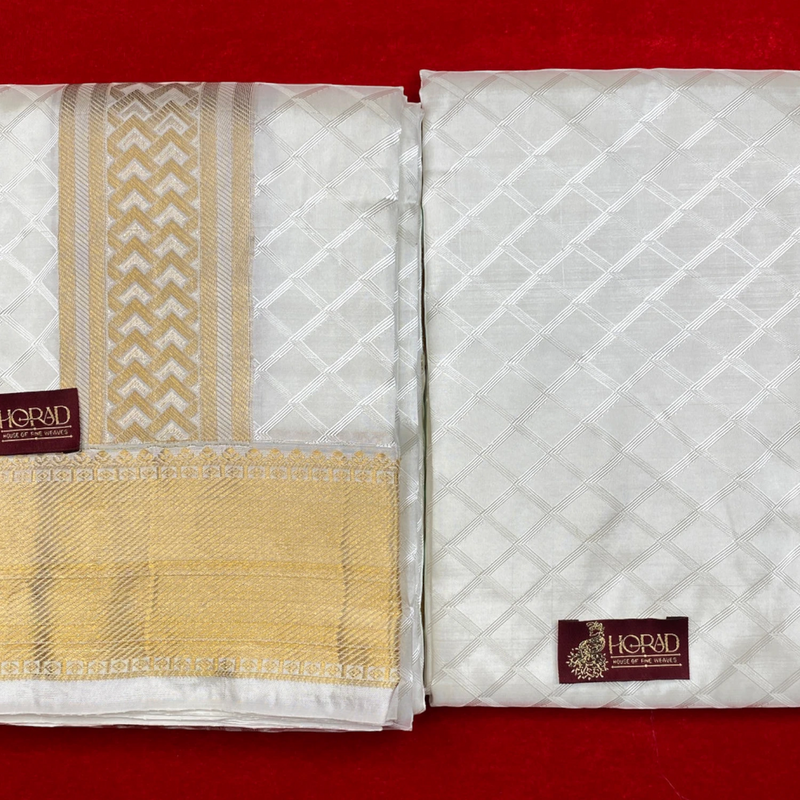 Horad Pure Silk Blend Cream Emboss Border Shirt Material + Dhoti ( 2 in 1 )
