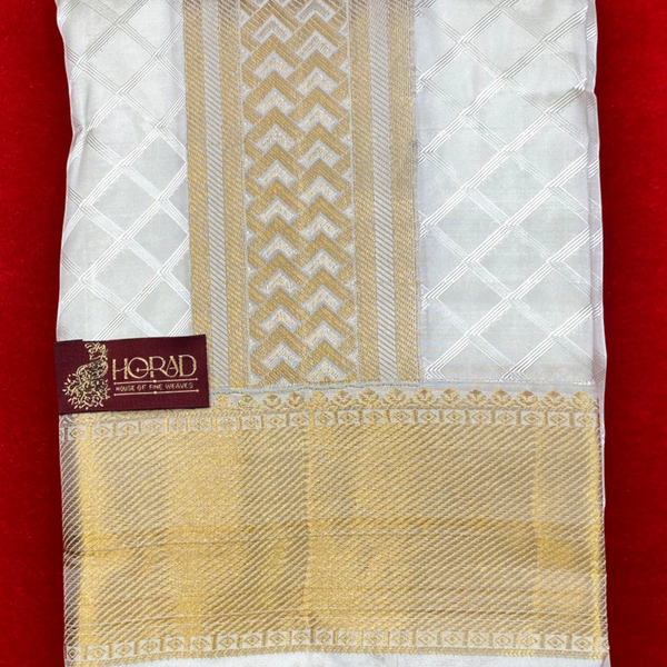 Horad Pure Silk Blend Cream Emboss Border Shirt Material + Dhoti ( 2 in 1 )