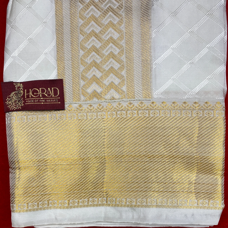 Horad Pure Silk Blend Cream Emboss Border Shirt Material + Dhoti ( 2 in 1 )