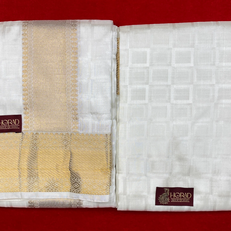 Horad Pure Silk Blend Cream Emboss Border Shirt Material + Dhoti ( 2 in 1 )